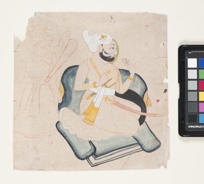Profil av knelende prins med to ledsagere (penselblekk og akvarell på papir) av Indian School