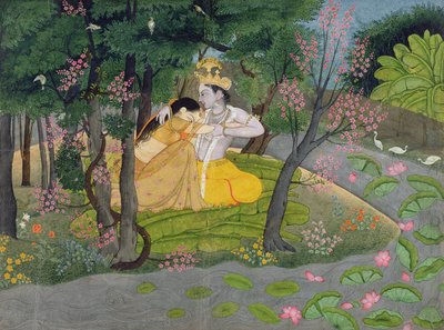 Radha og Krishna omfavnes i en lund med blomstrende trær, ca. 1780 (wc på papir) av Indian School