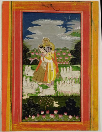 Radha og Krishna omfavner seg i et idealisert landskap med kuer, ca. 1780 (ugjennomsiktig wc på papir) av Indian School