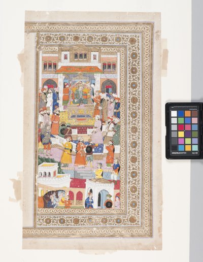 Raja With Courtiers (penn, blekk, gouache og bladgull på pergament) av Indian School