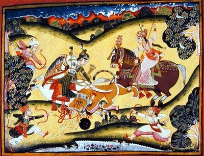 Rajput Princesses Killing a Lion, Bundi School, ca. 1810-20 (gouache på papir) av Indian School