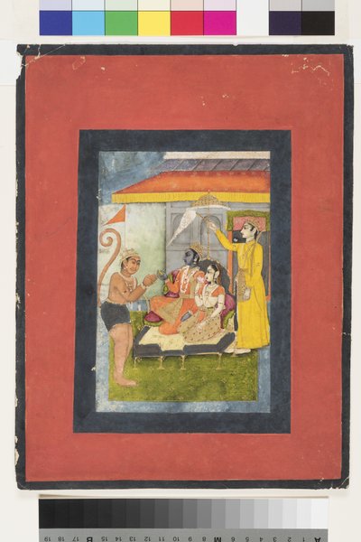 Rama og Sita tronet, tilbedt av Hanuman; Lakshmana har en morchal, ca. 1780 (ugjennomsiktig wc og gull på papir) av Indian School