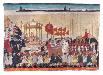 Rao Tuljaji i prosesjon, ca. 1775 (ugjennomsiktig wc og gull på papir) av Indian School