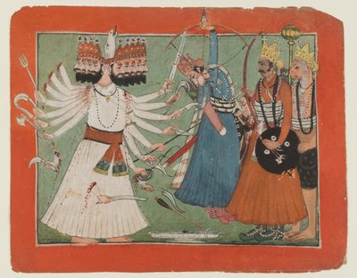 Ravana utfordrer Ramas hær, ca. 1750 (ugjennomsiktig akvarell på papir) av Indian School