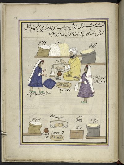 Rå sjalull blir distribuert til kvinner for spinning, 86 tegninger bundet inn i et bind som skildrer handel og yrker i Kashmir, håndverkere vises i arbeid med redskaper og utstyr, Av en Kashmir-kunstner, sannsynligvis i Srinagar, ca. 1850-60 ( av Indian School