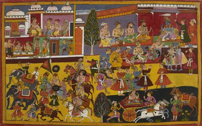 Rāma omfavner Bharata, og undersåttene hans ber om å få følge ham av Indian School