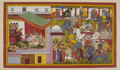 Ramas triumferende prosesjon går inn i Ayodhyā; han bøyer seg for dronningene av Indian School