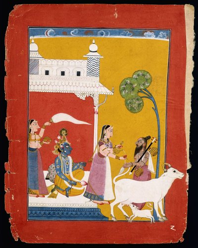 Rukmini tilbyr vann til vismannen Narada mens hennes kone Krishna sitter i huset hennes, ca. 1725-1730 av Indian School