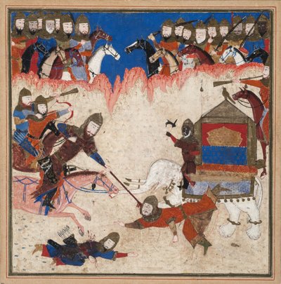 Rustam lassos Khaqan fra Kina og drar ham fra elefanten sin, ca. 1450 (ugjennomsiktig wc og gull på papir) av Indian School