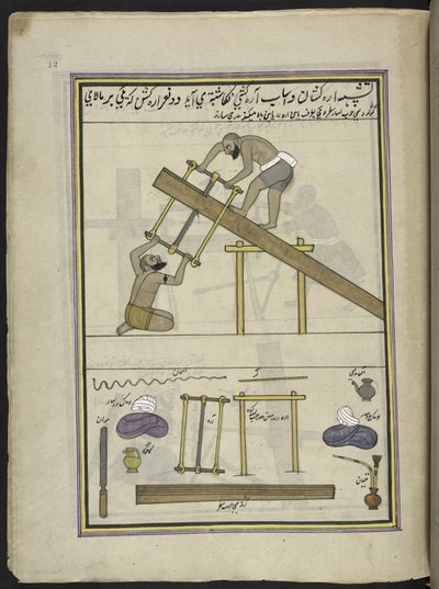 Sawyers,  86 tegninger bundet inn i et bind som viser handel og yrker i Kashmir, håndverkere vises i arbeid med redskaper og utstyr,  Av en Kashmir-kunstner, sannsynligvis i Srinagar, ca. 1850-60 (gouache på papir) av Indian School