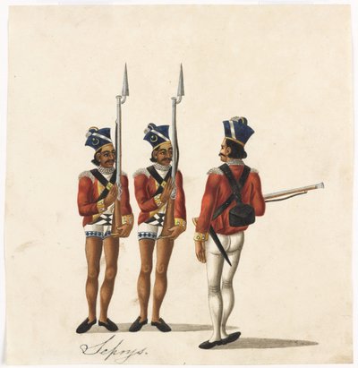 Sepoys og en indisk offiser, Bengal Army, ca. 1815 (akvarell på papir) av Indian School