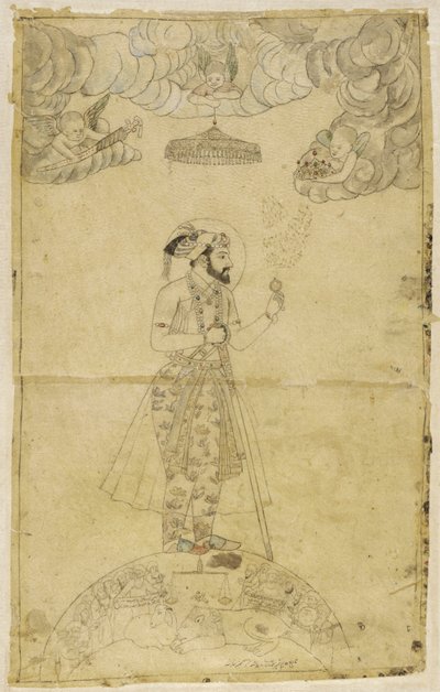 Shah Jahan står på en globus (gull og farge på papir) av Indian School