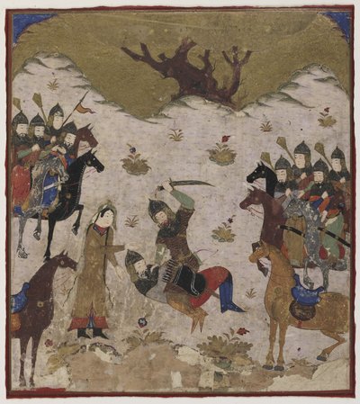 Shahru identifiserer Burzu som Rustams barnebarn under den siste kampen mellom Rustam og Burzu, ca. 1425-50 (ugjennomsiktig akvarell og gull på papir) av Indian School
