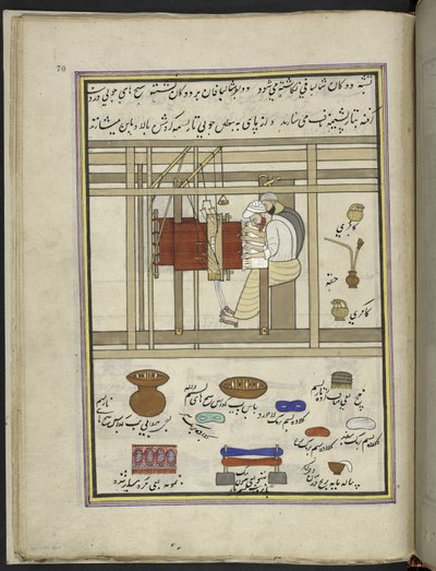 Sjalvevere som vever sjal på en vevstol,  86 tegninger bundet inn i et bind som viser handel og yrker i Kashmir, håndverkere vises i arbeid med redskaper og utstyr,  Av en Kashmir-kunstner, sannsynligvis i Srinagar, ca. 1850-60 (gouache på papir av Indian School