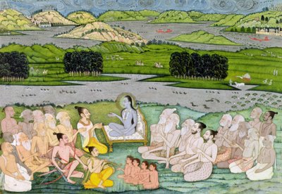 Shri Sukdevji forkynner for en forsamling av Sadhus, Rajasthan, ca. 1757 av Indian School