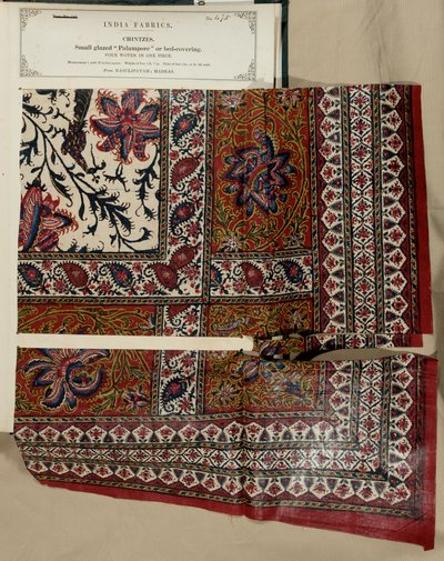 Liten glasert palampore eller sengedekkeprøve fra Masulipatam i Madras, fra The Collection of the Textile Manufacturers of India, av John Forbes Watson, utgitt i 1866 av Indian School