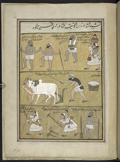 Såing ris; pløying; knusende klumper, 86 tegninger bundet inn i et bind som skildrer handel og yrker i Kashmir, håndverkere vises i arbeid med redskaper og utstyr, Av en Kashmir-kunstner, sannsynligvis i Srinagar, ca. 1850-60 (gouache på papir). av Indian School