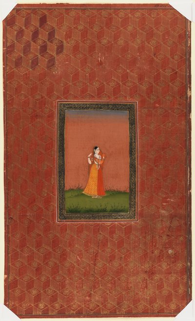 Stående kvinne, 1875-1900 (ugjennomsiktig wc og gull på papir) av Indian School