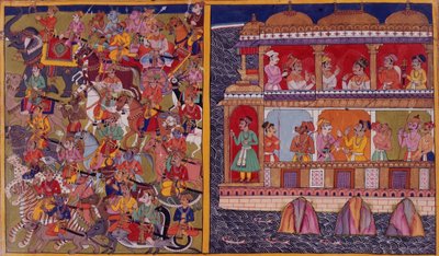 Sukeshas sønner forbereder seg til kamp, fra 'Ramayana, Uttara Kanda' 1653 (vellum) av Indian School