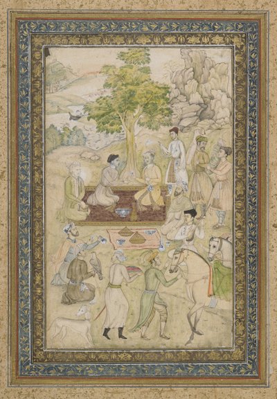 Sultan Murad og Sultan Daniyal på piknik, frittstående albumfolio med maleri, ca. 1900 av Indian School