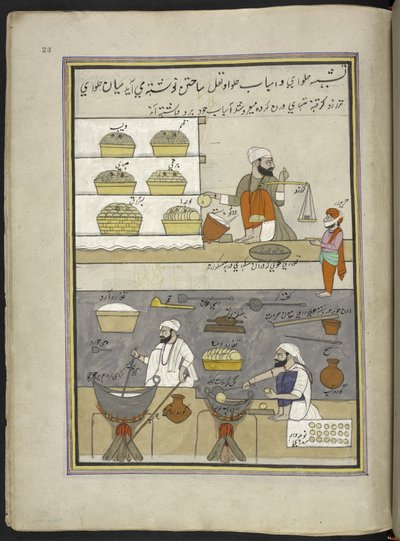 Søtmatprodusenter,  86 tegninger bundet inn i et bind som viser handel og yrker i Kashmir, håndverkere vises i arbeid med redskaper og utstyr,  Av en Kashmir-kunstner, sannsynligvis i Srinagar, ca. 1850-60 (gouache på papir) av Indian School