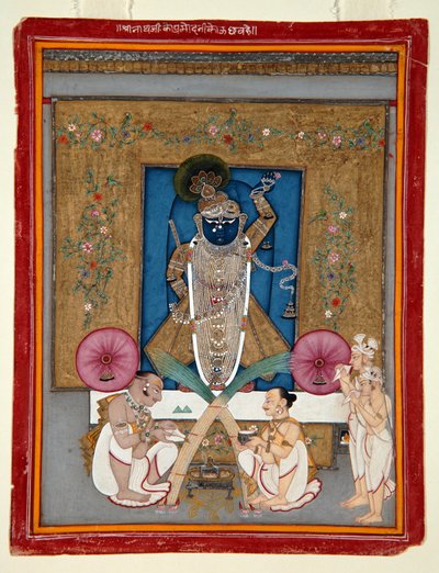 Tilbedelsen av Krishna som Shrinath ji, 1800-25 (ugjennomsiktig wc og gull på papir) av Indian School