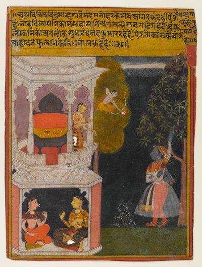 The Bewildered Nayika, side fra en Rasikapriya-serie, ca. 1660-1690 (ugjennomsiktig wc og gull på papir) av Indian School