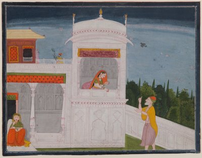 Brahminen Sudama og Rukmini i et palass, side fra Sudama-episoden av Bhagavata Purana-serien, ca. 1800 eller senere (wc på papir) av Indian School