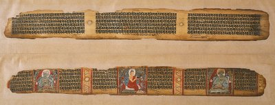 Buddha distribuerer honning, fra et Prajnaparamita-manuskript, Vest-Bengal (ugjennomsiktig akvarell og blekk på palmeblad) av Indian School