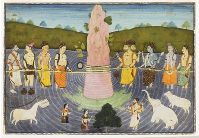 The Churning of the Ocean of Milk, ca. 1700 (ugjennomsiktig wc og gull) av Indian School
