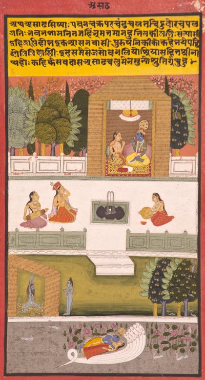 Den åttende måneden: Asadha, 1730 (ugjennomsiktig wc og gull på papir) av Indian School
