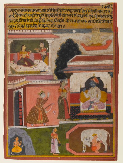 Heltinnen hvis begjær er tilsynelatende, side fra en Rasikapriya-serie, ca. 1660-1690 (ugjennomsiktig wc og gull på papir) av Indian School