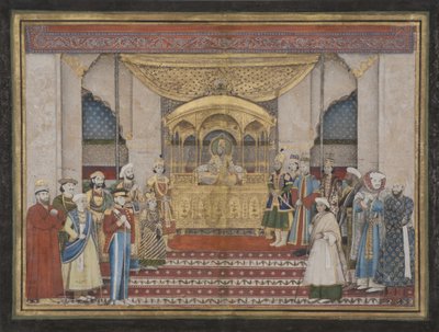 Mughal-keiseren Bahadur Shah II i Darbar, 1839 (ugjennomsiktig wc og gull på papir) av Indian School