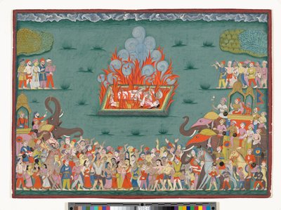 The Sati of Ramabai, kone til Madhavrao Peshwa, ca. 1772-75 (akvarell og gull på papir) av Indian School