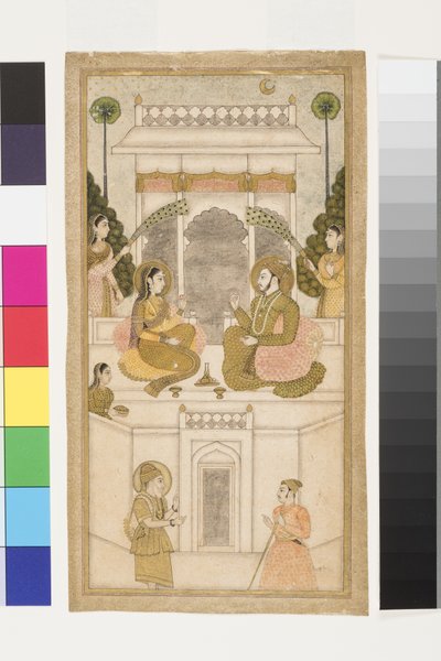 Sultanen av Golconda, Quli Qutb Shah, sittende med sin kone, 1700-25 (ugjennomsiktig wc og gull på papir) av Indian School