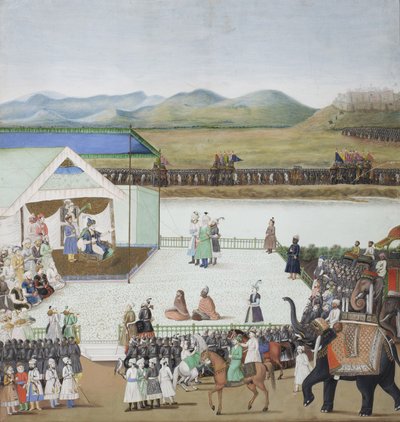 Den tyrkiske sultanen Bayazid brakt til fange før Timur, ca. 1850 (ugjennomsiktig wc og gull på papir) av Indian School