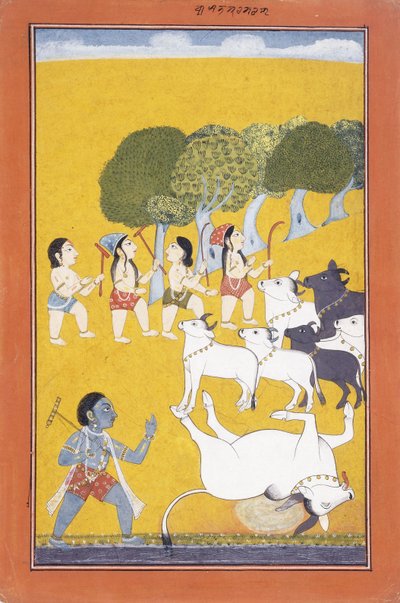 Den unge Krishna dreper demonen Vatsasura, som kom i skikkelse av en kalv, ca. 1730-1740 av Indian School