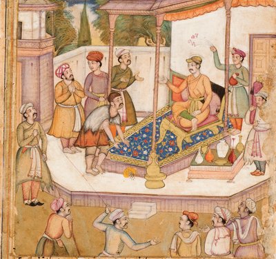 Rajaen hvis gjest ba ham om 500 dinarer daglig, ca. 1585 (ugjennomsiktig wc og gull på papir) av Indian School
