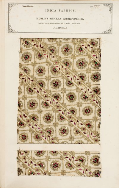 Tykt brodert muslinprøve fra Madras, fra The Collection of the Textile Manufacturers of India, av John Forbes Watson, utgitt i 1866 av Indian School