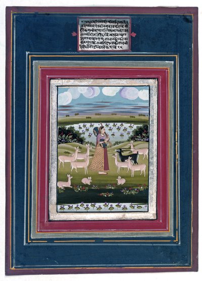 Todi ragini - En dame som spiller en vina i et landskap med dyr, 1810-20 av Indian School