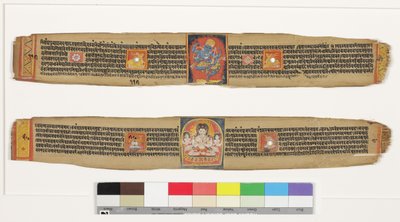 Øverst: Dansende barbermaskin; Nederst: Bodhisattva Sadakshi Awolokiteshwara og Attendants, CII- (OPQW & Inc on Palm Leaf) av Indian School