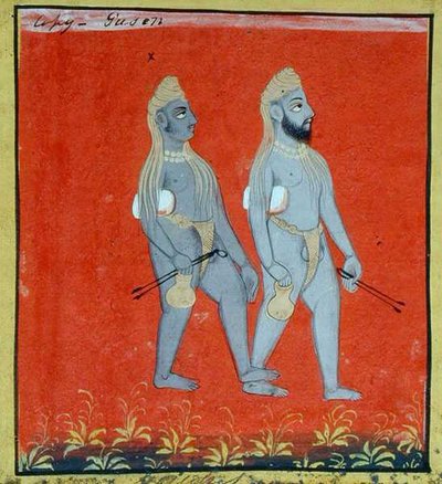 Two Gosains, Religious Mendicants, Udaipur, ca. 1810-20 (gouache på papir) (detalj) (se også 136600) av Indian School