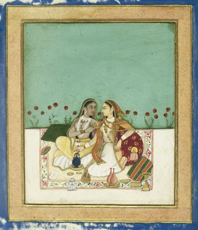 To kvinner på en terrasse, etter 1700 (ugjennomsiktig wc og gull på papir) av Indian School