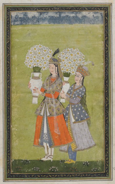 To damer bærer blomster, frittstående albumfolio med maleri, 1800-tallet av Indian School