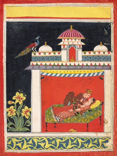 To elskere i en paviljong, fra en "Amarushataka" (Hundre dikt av Amaru), eller en uidentifisert erotisk serie, ca. 1680 (ugjennomsiktig akvarell og gull på papir) av Indian School