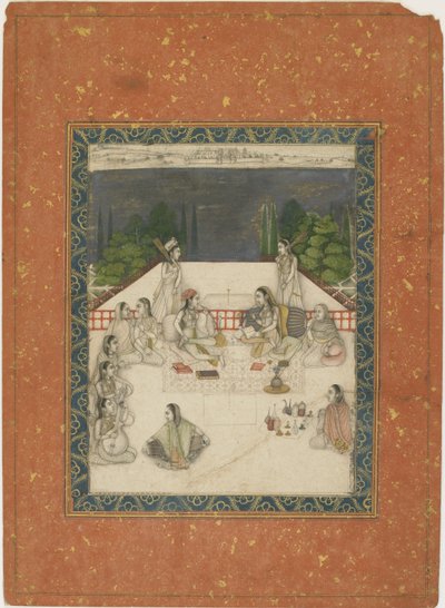To kvinner sittende på en terrasse, omgitt av ledsagere og musikere, ca. 1650 (ugjennomsiktig wc og gull på papir) av Indian School