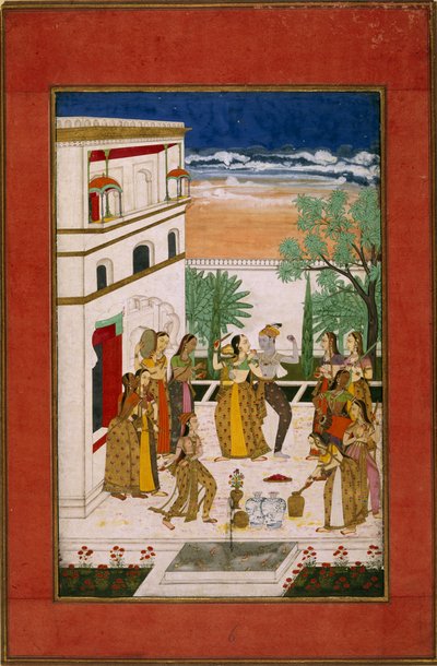 Vasanta Ragini, Radha & Krishna danser, ca. 1760 (akvarell på papir) av Indian School