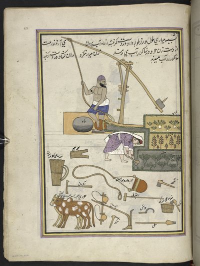 Grønnsaksdyrkere med brønn,  86 tegninger bundet inn i et bind som viser håndverk og yrker i Kashmir, håndverkere vises i arbeid med redskaper og utstyr,  Av en Kashmir-kunstner, sannsynligvis i Srinagar, ca. 1850-60 (gouache på papir) av Indian School