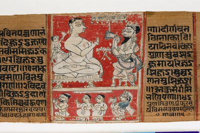 Vimalaprava snakker med Raji og Lakshmi, ca. 1300 (ugjennomsiktig wc på palmeblad) av Indian School