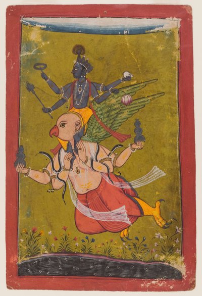 Vishnu på Garuda, ca. 1725 eller tidligere (wc, sølv og gull på papir) av Indian School